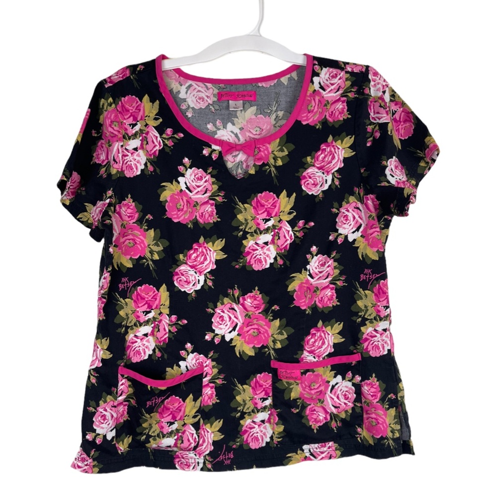 Betsey Johnson Pink, Rose, Nurse scrub with cute small bow detail pockets floral